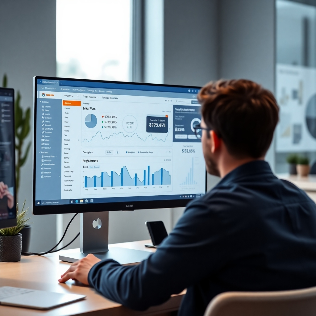 A photorealistic image of a person looking at a computer screen displaying a detailed graph and charts from Google Analytics, Facebook Pixel, and TikTok Pixel, showing website traffic, user behavior, and conversion rates. The background should be a modern, minimalist office setting. The overall mood should be one of insightful analysis and understanding.