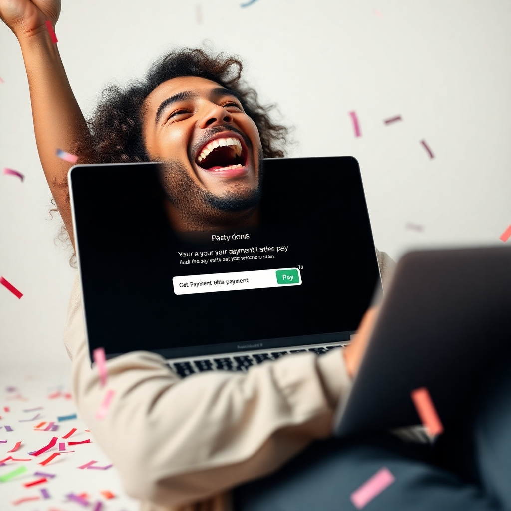 A photorealistic image of a person happily celebrating after completing a payment on their laptop. The laptop screen displays a confirmation message about a one-time payment for website creation. The background should be a clean, minimalist design with celebratory confetti.