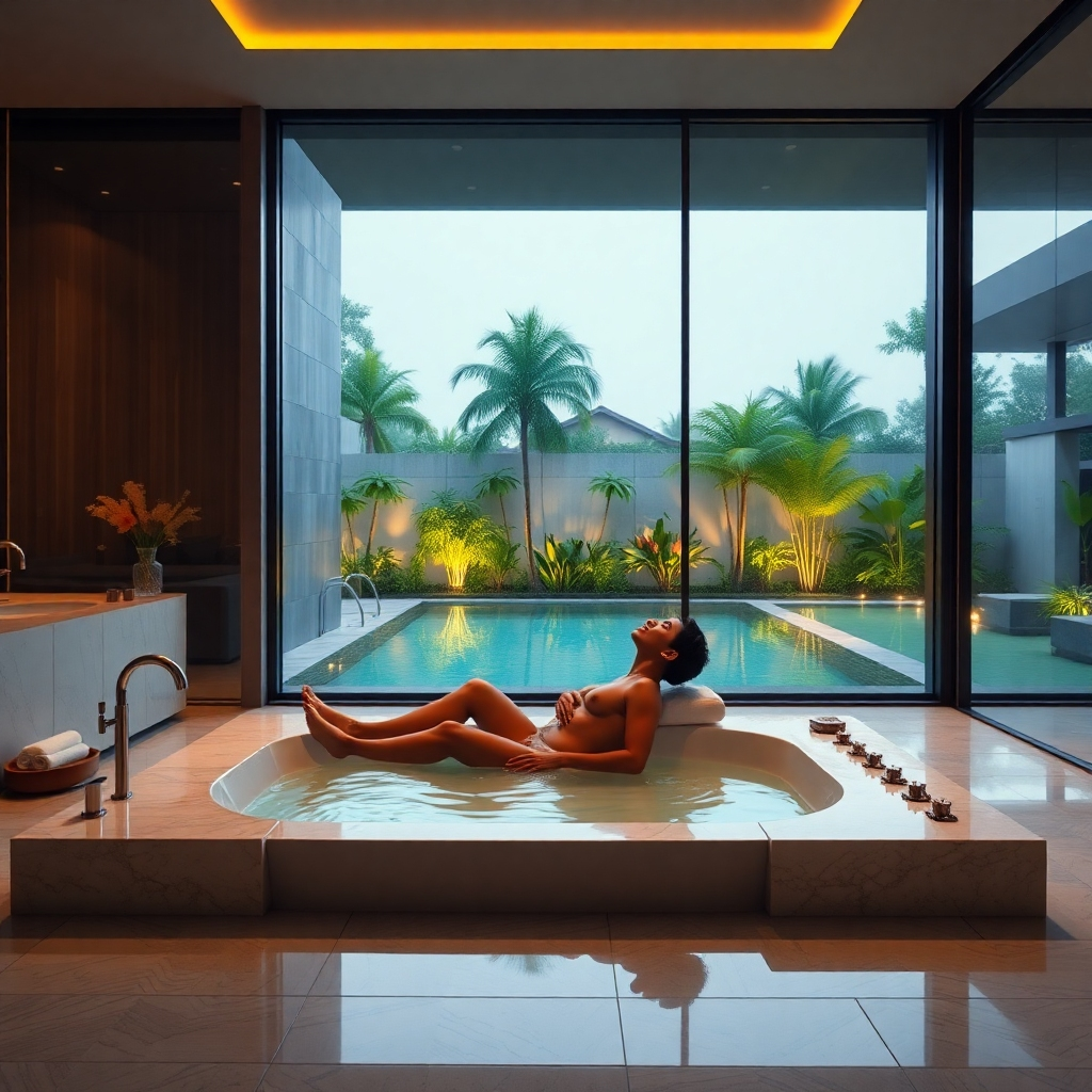A photorealistic image of a person relaxing in a luxurious bathroom within a Pattaya pool villa. The bathroom should feature a large soaking tub, modern fixtures, and large windows with views of a private pool and lush gardens.  The lighting should be soft and warm, creating a spa-like atmosphere.  The person should appear relaxed and peaceful.