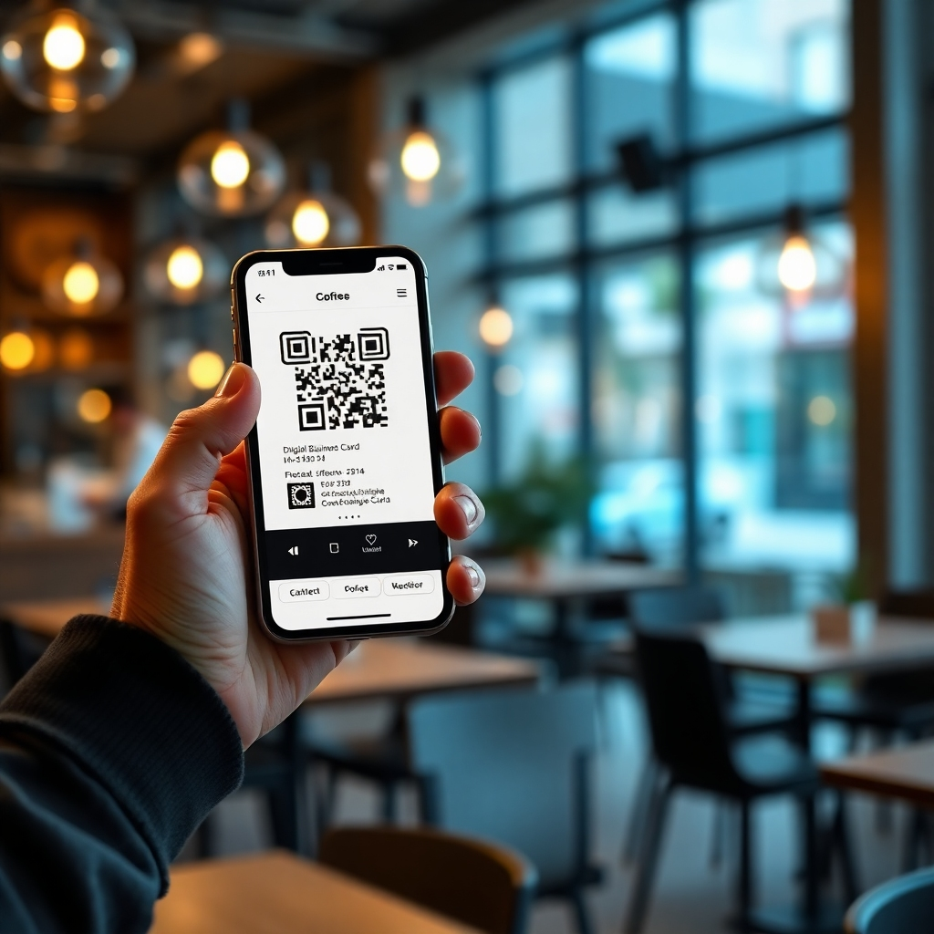 A photorealistic image of a person scanning a QR code on a digital business card using their smartphone. The background should be a modern coffee shop with a warm and inviting atmosphere.  The smartphone screen should clearly display the digital business card's information, including contact details and a professional logo.