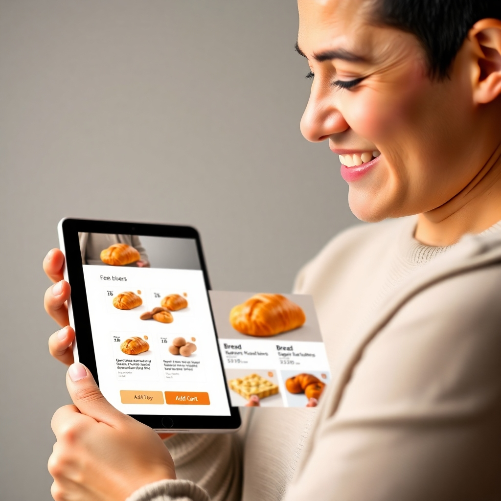 A photorealistic image of a person using a tablet or smartphone to browse through a website displaying various types of bread, croissants, and frozen bakery items. The website should have clear product images, descriptions, and an 'Add to Cart' button. The person's expression should show happiness and satisfaction. The background should be simple and clean, focusing on the tablet/smartphone and the website.
