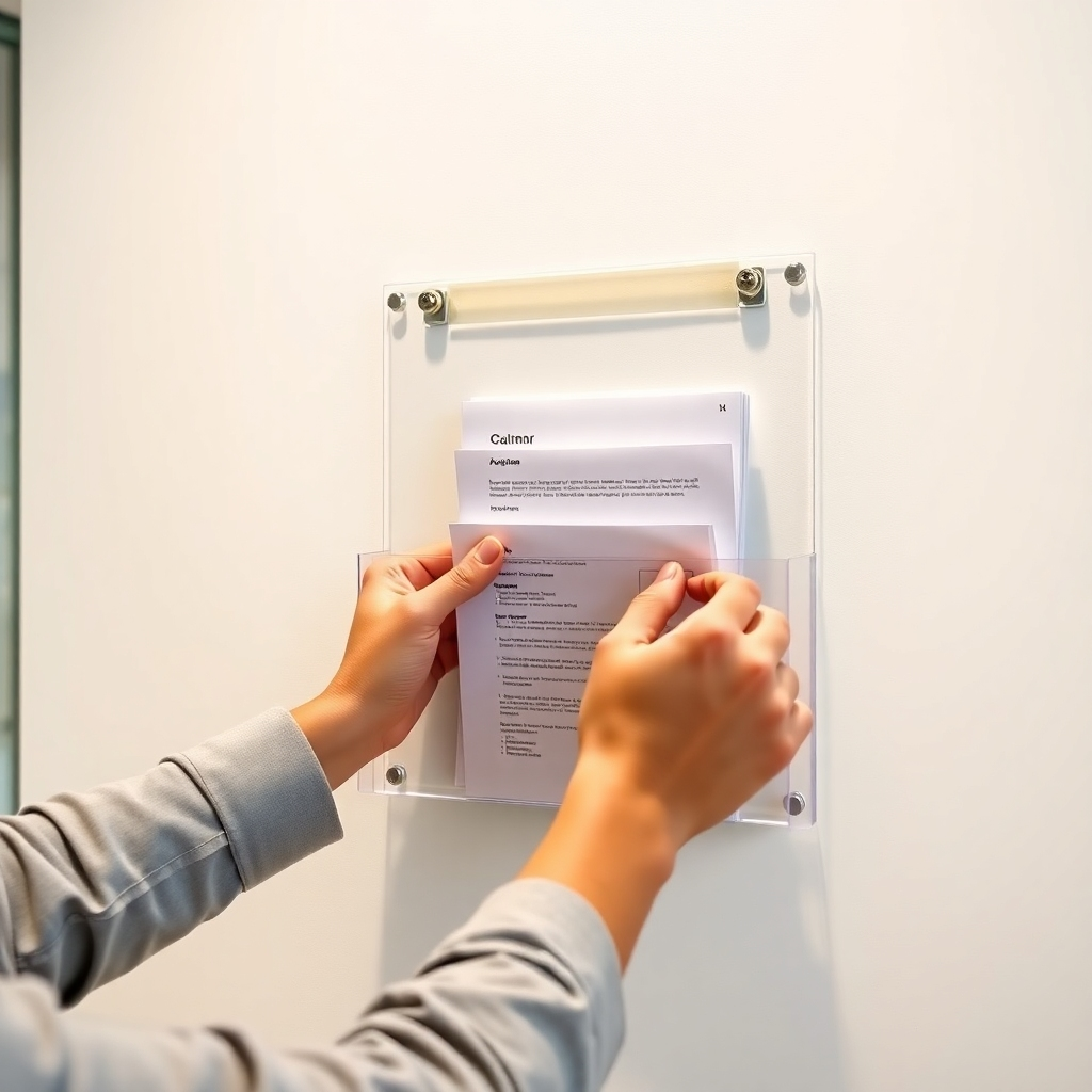 A photorealistic image of a person easily installing an acrylic wall-mounted document holder using double-sided tape. The background should be a clean, minimalist office space.  The focus should be on the ease of installation and the simplicity of the product. The image should show the document holder already mounted, neatly organized and holding several documents, with the double-sided tape clearly visible but not excessively prominent.