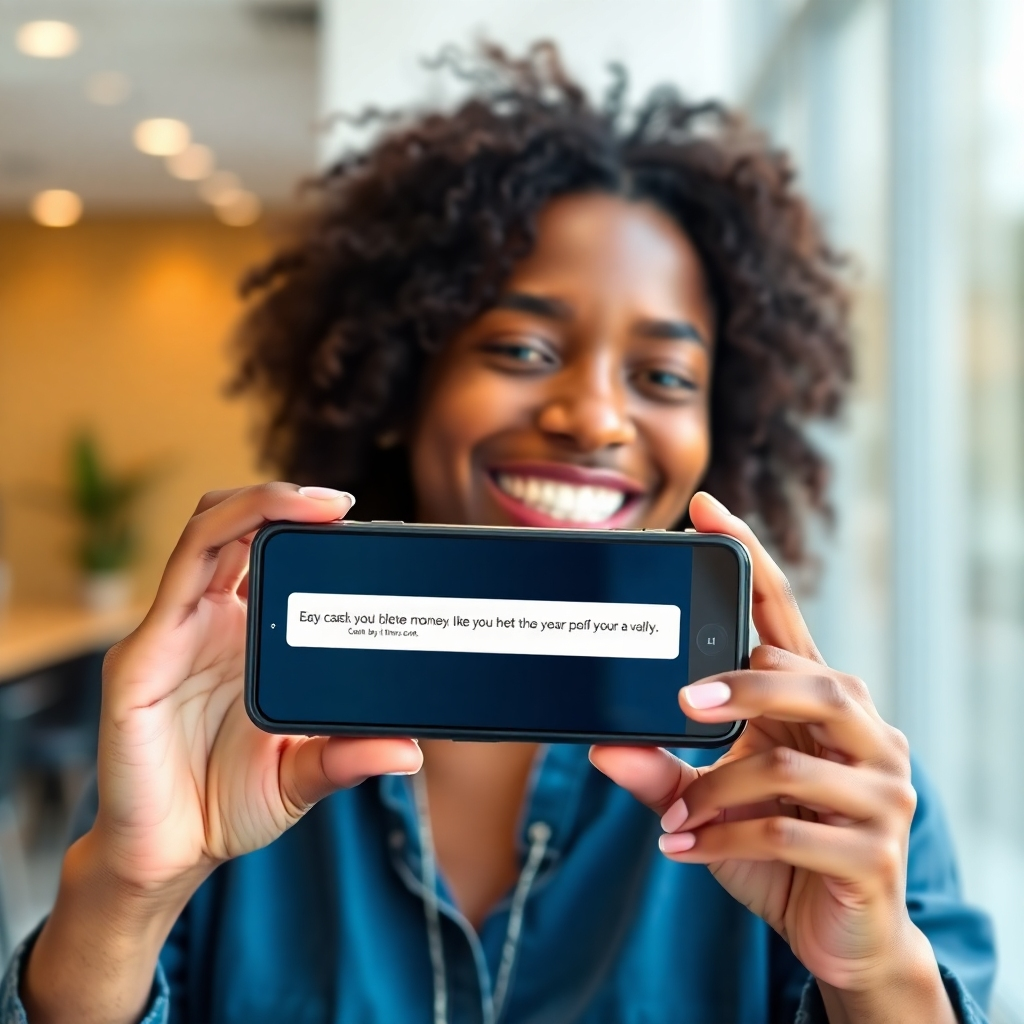 A photorealistic image of a person smiling and showing their phone, which displays a message indicating a successful online transaction. The composition should highlight the easy money-making aspect of the business. The lighting should be bright and welcoming. The color palette should be uplifting and inspirational. The camera angle should be a close-up, focusing on the expression of happiness and success. The environment should be a modern, casual setting. Technical specs: 4K resolution