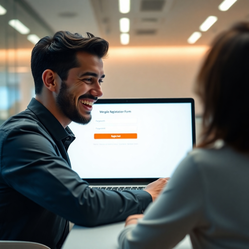 A photorealistic image of a person smiling and looking at a laptop screen showing a simple online registration form for a website reseller program. The background should be a bright and modern office.  The overall mood should be positive and welcoming.