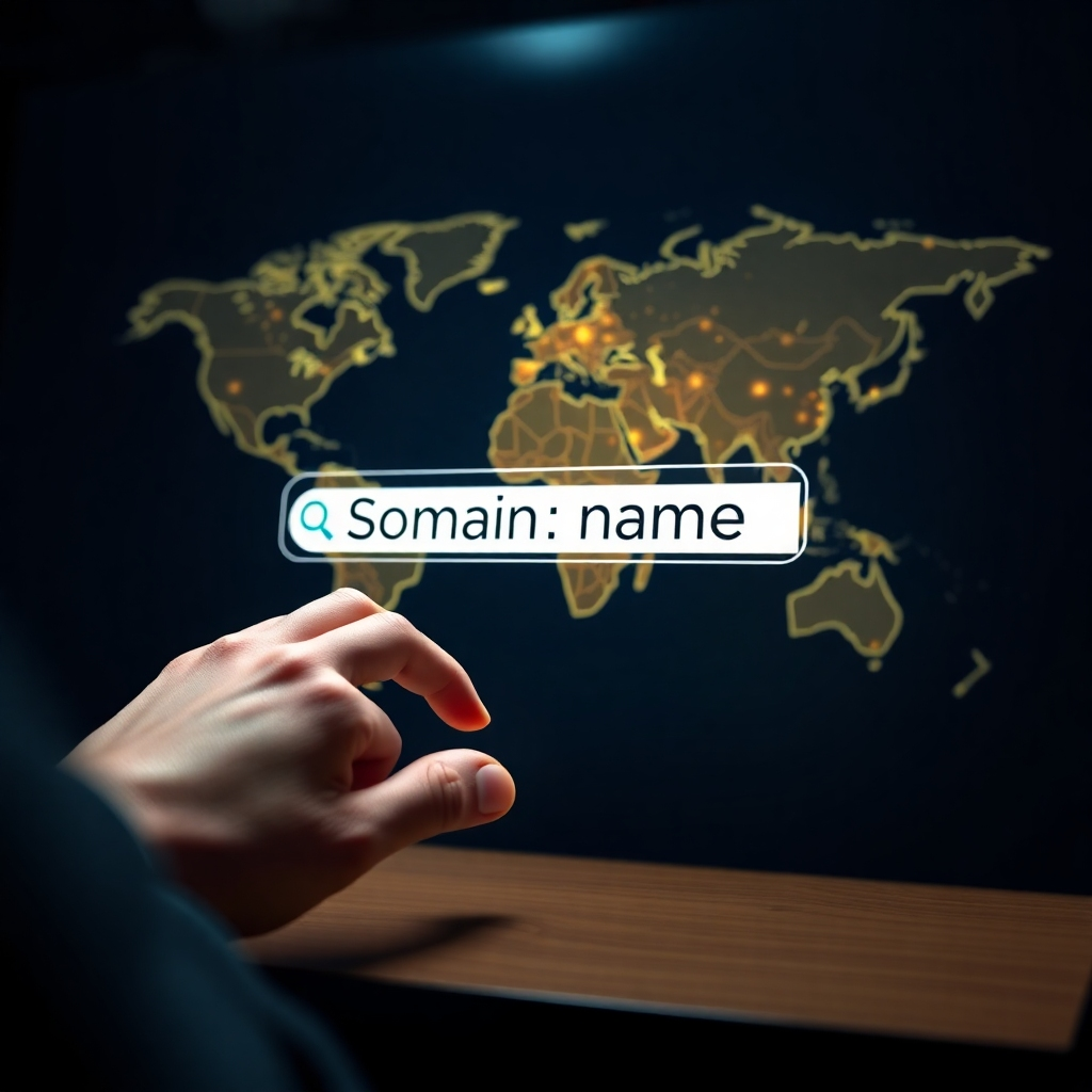 A photorealistic image of a person happily typing a memorable and relevant domain name into a search bar, with a world map subtly in the background highlighting global reach.  The overall mood should be positive and successful.