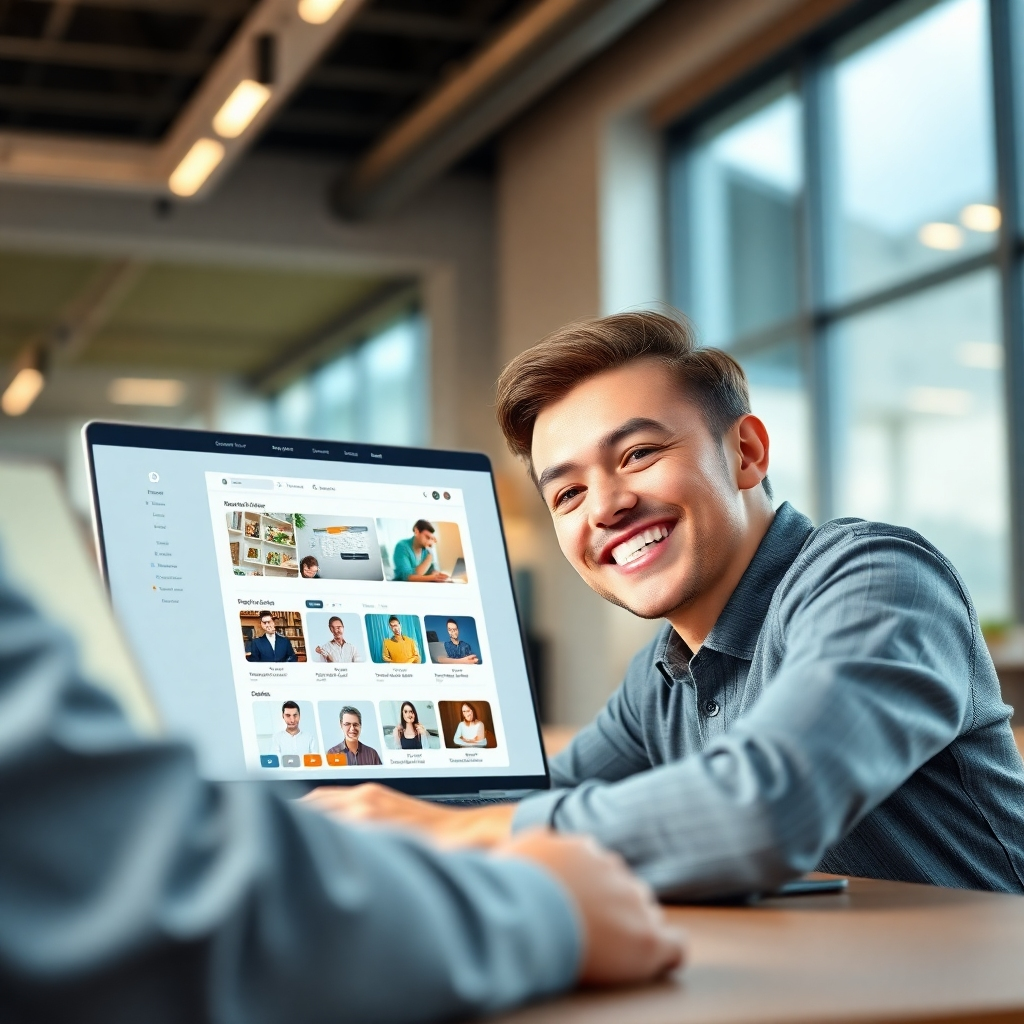A photorealistic image of a person smiling and looking at a laptop screen showing a website builder interface with drag-and-drop elements. The background should be a bright and modern office space. The overall mood is one of ease and happiness. The image resolution should be high, with sharp details and realistic lighting.
