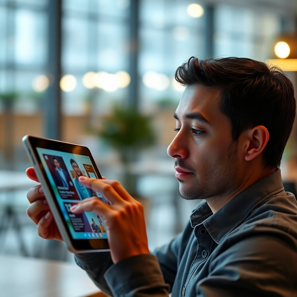 A photorealistic image of a person engrossed in watching a captivating video on a tablet, showing a close-up of their engaged facial expression. The screen displays dynamic graphics and text. The background should subtly hint at a modern office space or trendy cafe. High resolution, detailed, sharp focus, cinematic lighting.