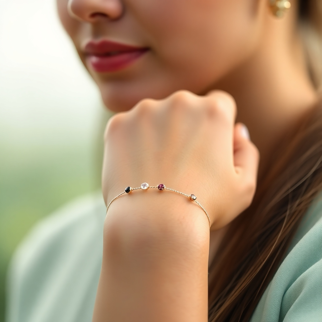 A photorealistic image of a person wearing an elegant bracelet made of various gemstones on their wrist. The bracelet should have a variety of colors and textures, with the gemstones clearly visible. The background should be soft and blurred, focusing attention on the bracelet and the person's hand.  The person should look peaceful and serene. The image should evoke a sense of positivity, luck, and well-being. The overall style should be sophisticated and luxurious, reflecting the high quality of the gemstones and the craftsmanship of the bracelet. The lighting should be soft and natural, enhancing the beauty of the gemstones.
