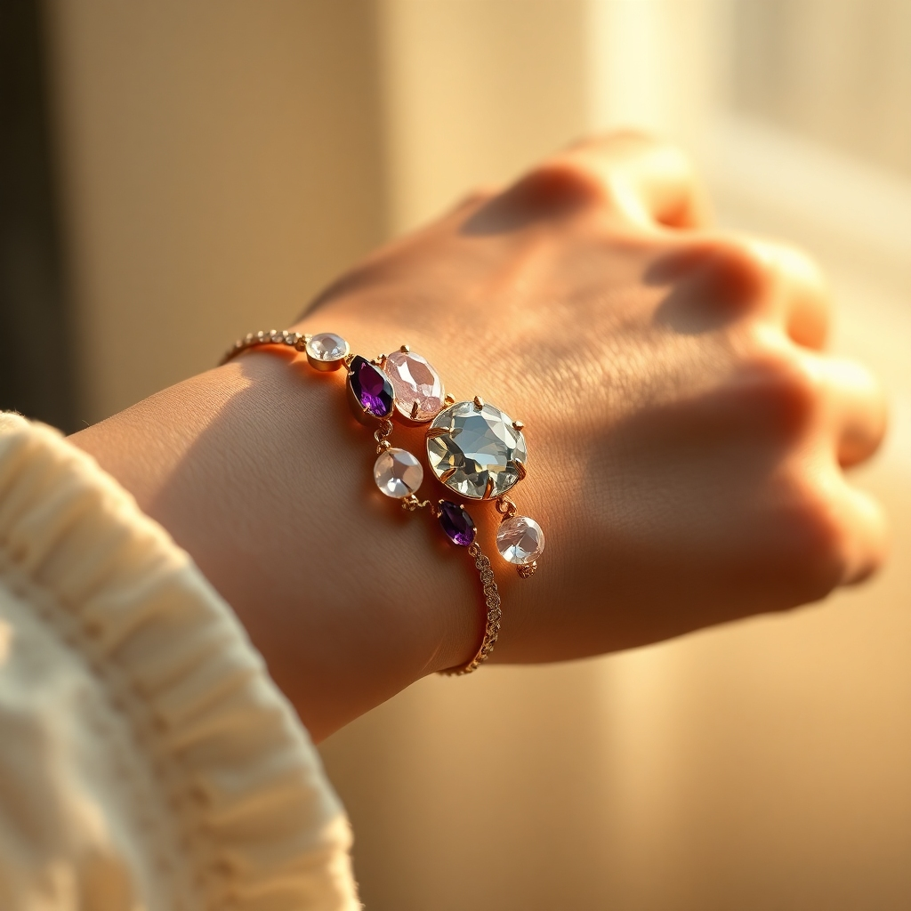 A photorealistic image of a person's wrist wearing an elegant bracelet made of various gemstones, with a soft, warm light. The bracelet should be intricately designed, featuring different colors and textures of gemstones, such as amethyst, rose quartz, and clear quartz.  The background should be blurred and out of focus, emphasizing the bracelet. The overall mood should be serene and calming, conveying a sense of well-being and positive energy.
