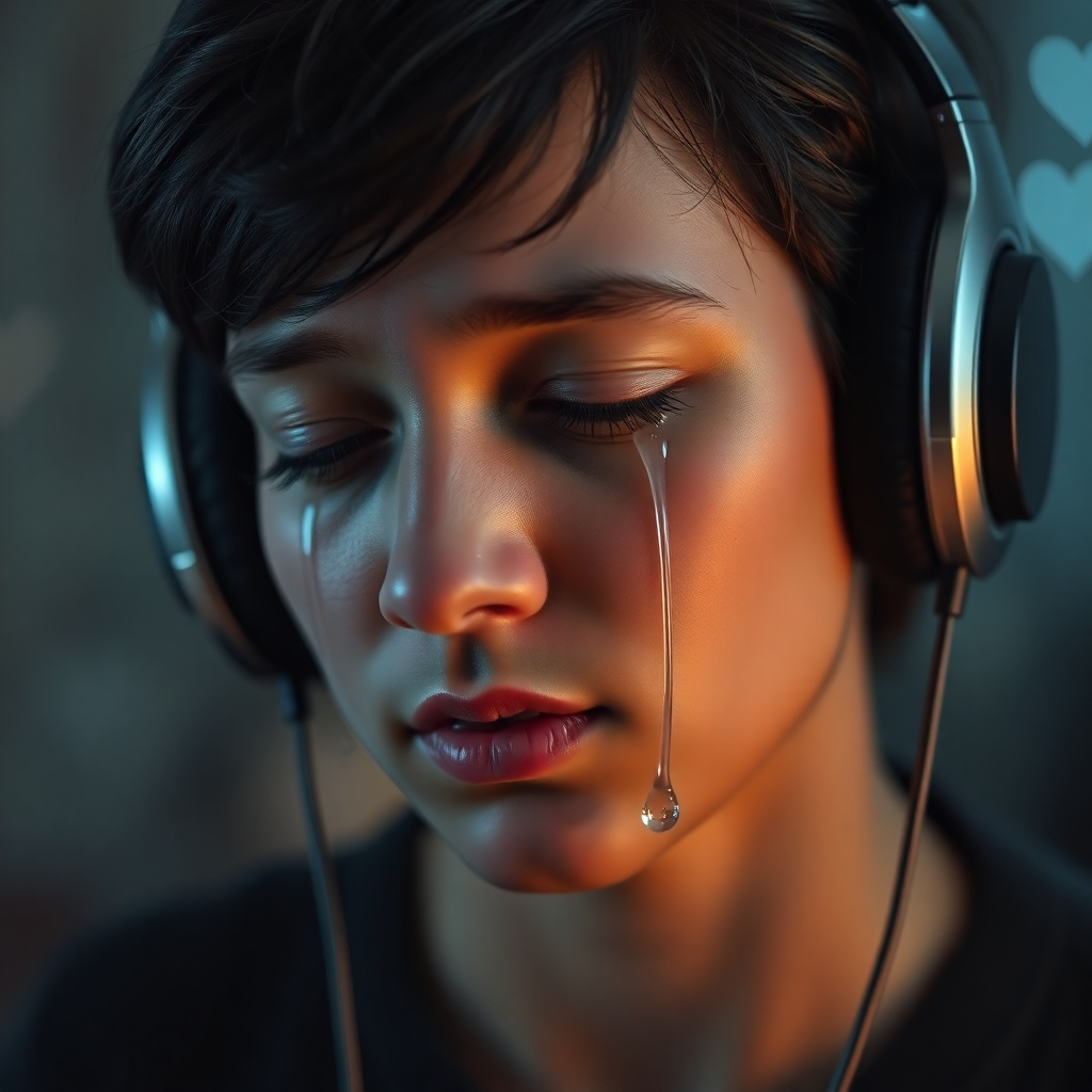 A photorealistic image of a person listening to music with headphones, tears streaming down their face. The background should be blurry, with a subtle heart-shaped bokeh effect. Focus on the emotional expression. High resolution, cinematic lighting.