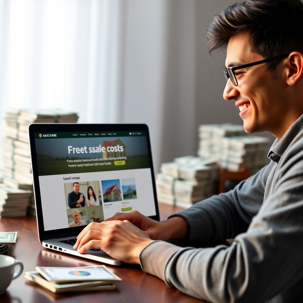 A photorealistic image of a person smiling and looking at their laptop, which displays a website for free real estate listings. The background should show stacks of money, representing saved costs. The overall feeling should be one of relief and financial freedom.