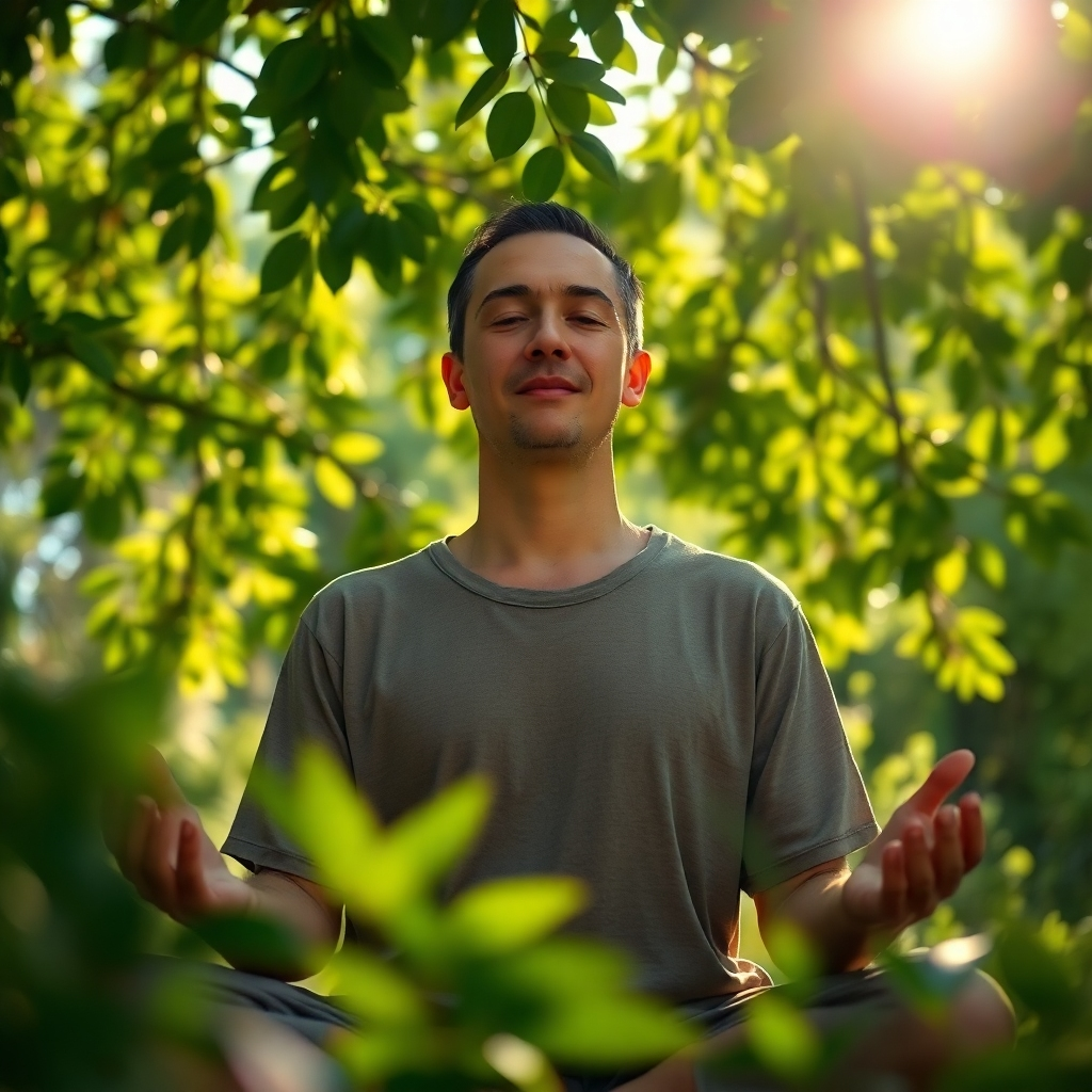 A photorealistic image of a person meditating peacefully in a serene, natural setting.  Sunlight filters through leaves, creating a dappled effect. The person has a calm and confident expression.  The overall mood should be one of tranquility, inner peace, and self-assurance.