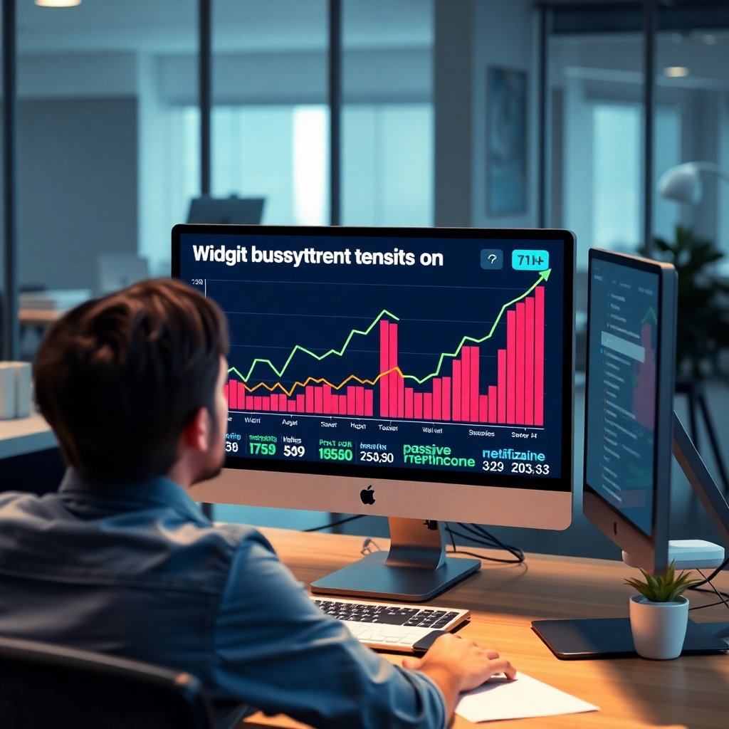 A photorealistic image of a person sitting at a computer, looking at a graph showing high website traffic. The screen displays keywords related to making money blogging, such as 'passive income', 'blog monetization', and 'affiliate marketing'. The background should be a modern, minimalist office space.