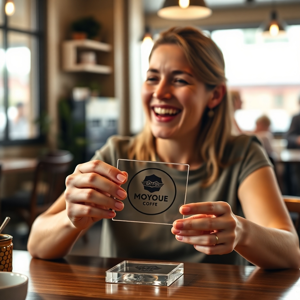 A photorealistic image of a person happily using an acrylic coaster with a company logo printed on it. The setting should be a comfortable and inviting coffee shop, with a warm atmosphere. The coaster should be prominent in the image, but the focus should also be on the person's positive reaction to the gift.  Use soft, natural lighting.