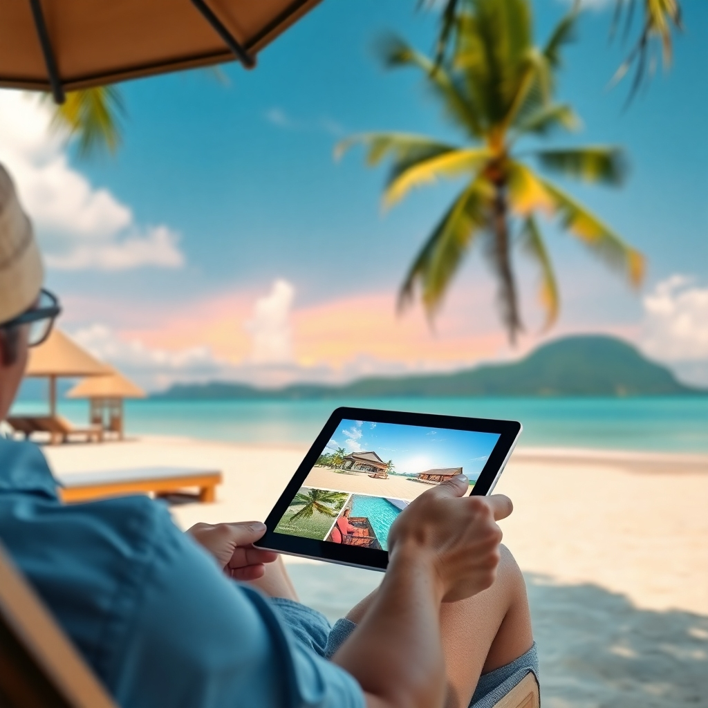 A photorealistic image of a person relaxing on a tropical beach in Pattaya, Thailand, using a tablet to showcase stunning Pattaya properties to potential clients. The background showcases the beautiful beach and clear blue waters.