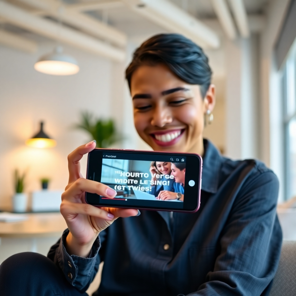 A photorealistic image of a person smiling happily while looking at their phone, which displays a short, engaging video reel showcasing a product. The background should be a bright, modern office or home environment, showcasing a clean and professional aesthetic.  The video on the phone should feature dynamic visuals, text overlays, and upbeat music, all focused on promoting the product.