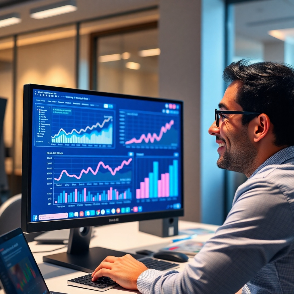 A photorealistic image of a person looking at a computer screen displaying graphs and charts illustrating website traffic and sales data, showing a clear upward trend. The background should be a modern, minimalist office setting. The person's expression should convey satisfaction and confidence.