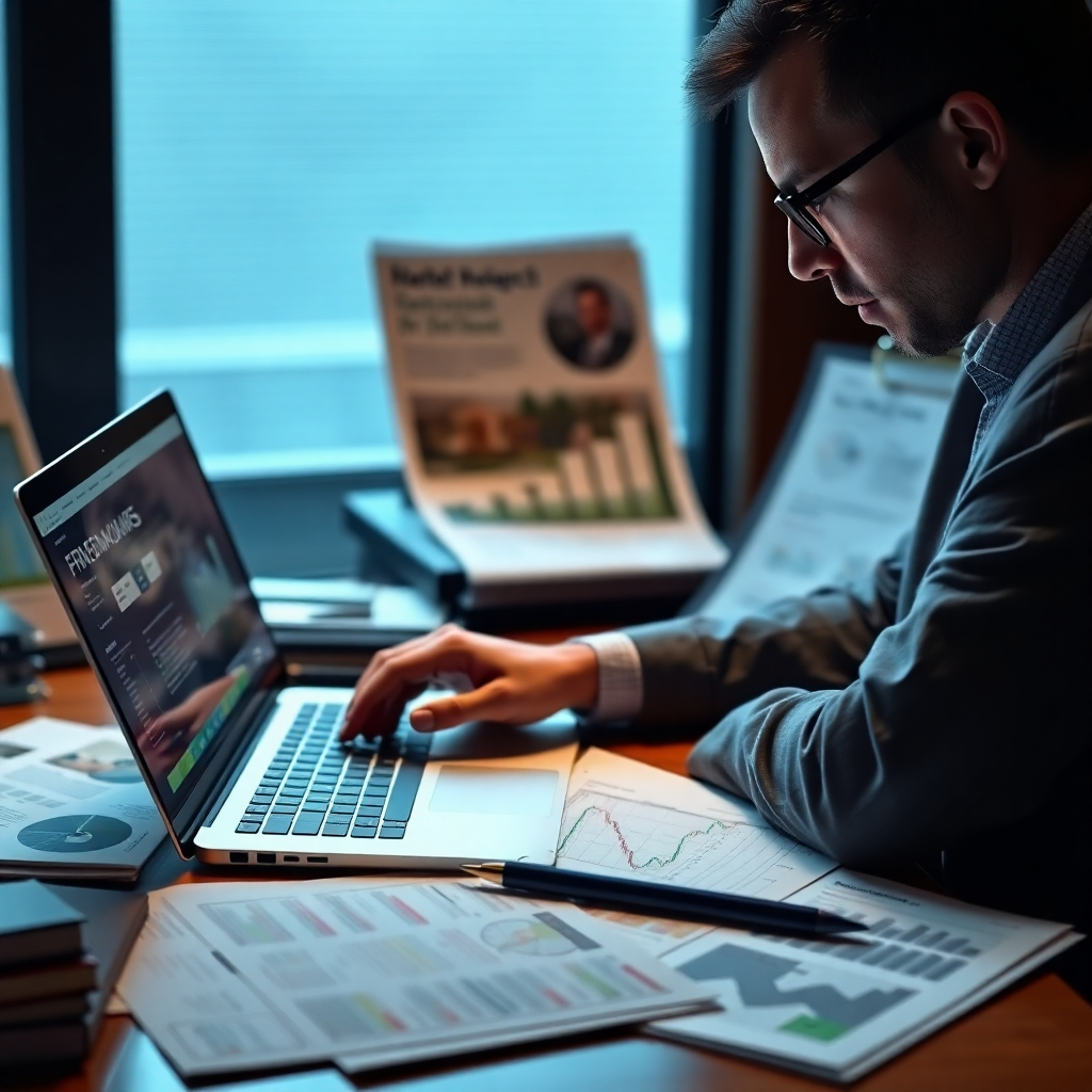 A photorealistic image of a person meticulously reviewing financial documents and market research data on a laptop, surrounded by real estate brochures and maps. The scene should be well-lit, conveying a sense of focus, analysis, and careful decision-making in a professional setting.