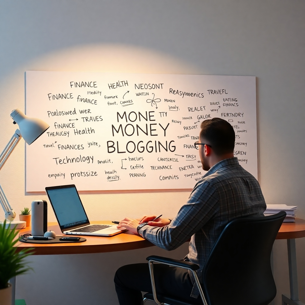 A photorealistic image of a person sitting at a desk with a laptop, brainstorming ideas on a whiteboard filled with keywords related to making money blogging, such as "finance," "health," "travel," and "technology." The scene should be bright and well-lit, conveying a sense of productivity and creativity.
