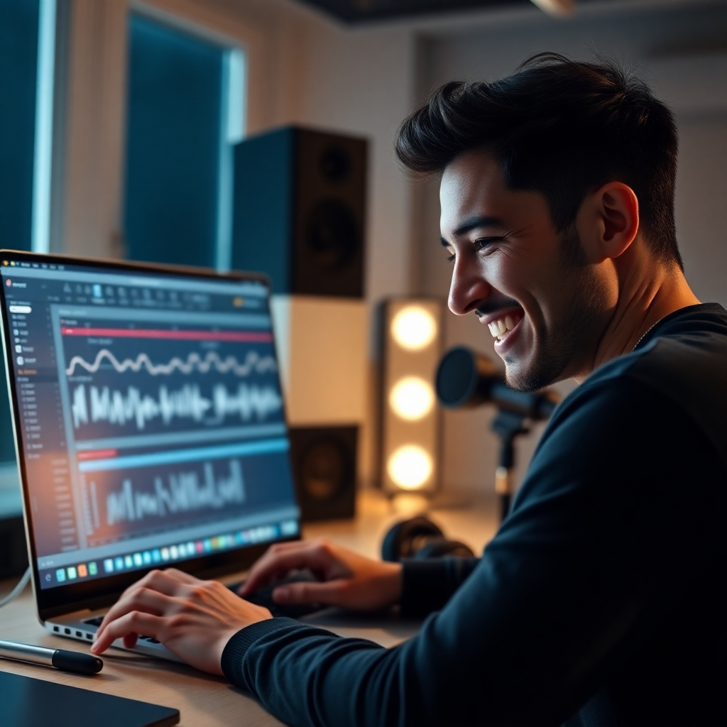 A photorealistic image of a person smiling and looking at a laptop screen showing a music production software interface with AI-generated musical notes and waveforms. The background should be a modern, clean studio with professional music equipment like headphones and a microphone.