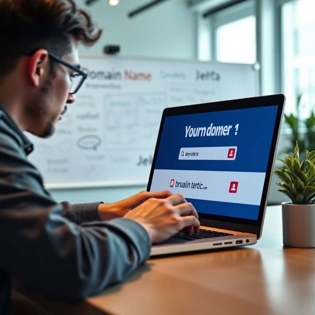 A photorealistic image of a person thoughtfully typing a domain name into a laptop, with a brainstorming board in the background showing keywords and brand names.  The laptop screen should display a domain registration website interface. The setting should be a modern, well-lit office.
