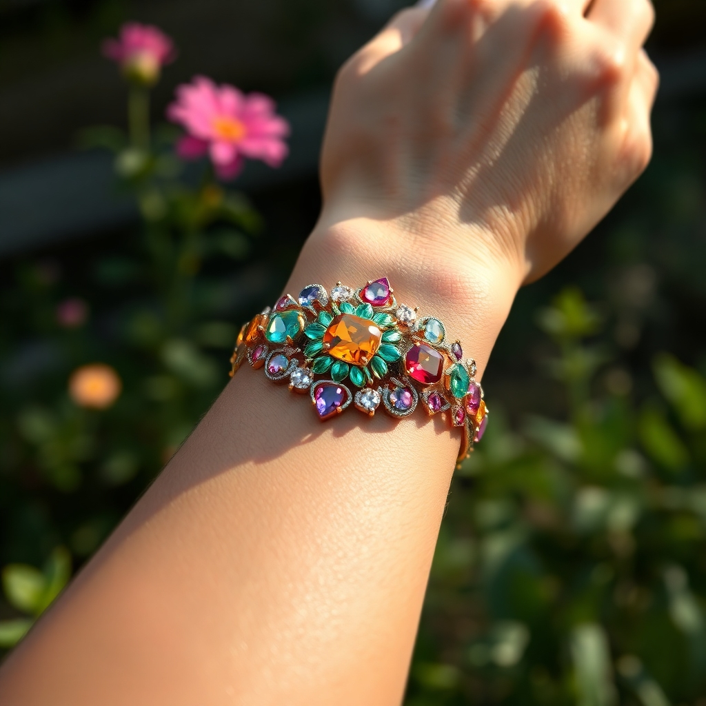 A photorealistic image of a person's wrist adorned with a beautiful, intricately designed bracelet featuring a variety of different gemstones. The bracelet should be a stunning piece of jewelry, with the gemstones arranged in a visually appealing pattern. The background should be a naturally lit, serene setting, perhaps a garden or a peaceful outdoor space, enhancing the calming and positive energy.  The gemstones should appear vibrant and radiant, and the image should convey a sense of balance, harmony, and overall well-being. The focus should be on the beauty and craftsmanship of the bracelet, and the feeling of empowerment it provides.