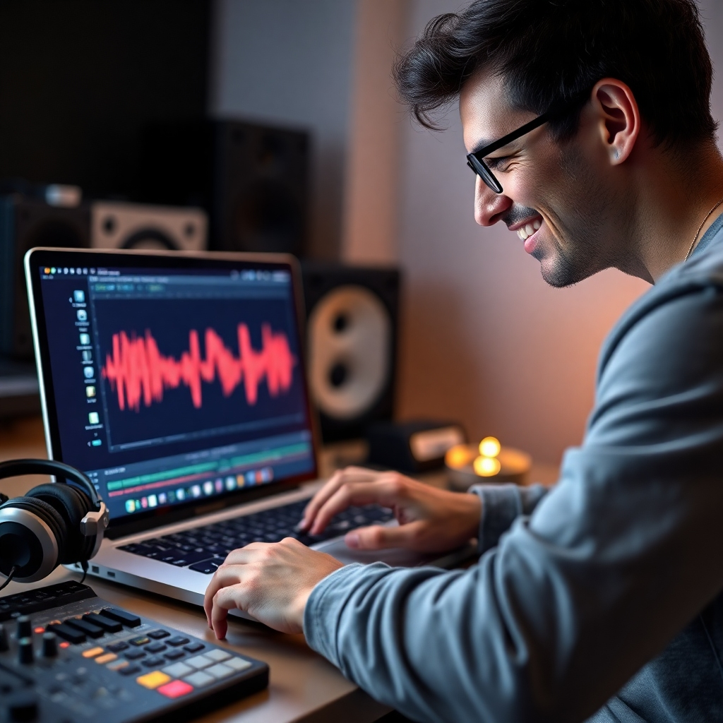 A photorealistic image of a person smiling and looking at a laptop screen displaying a waveform of a song generated by AI. The laptop is surrounded by music production equipment, including a MIDI keyboard, headphones, and a mixing console. The overall atmosphere should be bright and modern, conveying a sense of creativity and innovation.