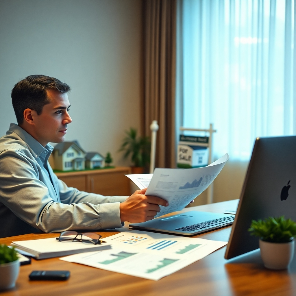 A photorealistic image of a person sitting at a desk, reviewing documents and using a laptop to research real estate market trends, with a house model and a 'For Sale' sign subtly visible in the background. The overall mood is calm, organized, and strategic. High-quality image, professional setting.