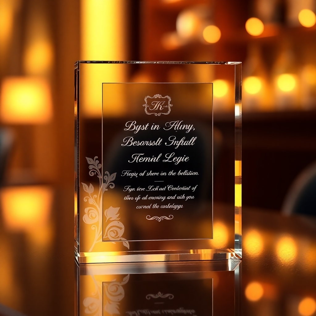 A photorealistic image of a personalized gift made from laser-engraved acrylic. The gift could be a custom-made award, a plaque with a personal message, or a decorative item with a unique design. The image should emphasize the personal touch and the high quality of the engraving. The background should be warm and inviting, focusing on the emotional impact of the gift.  The lighting should create a feeling of luxury and exclusivity.