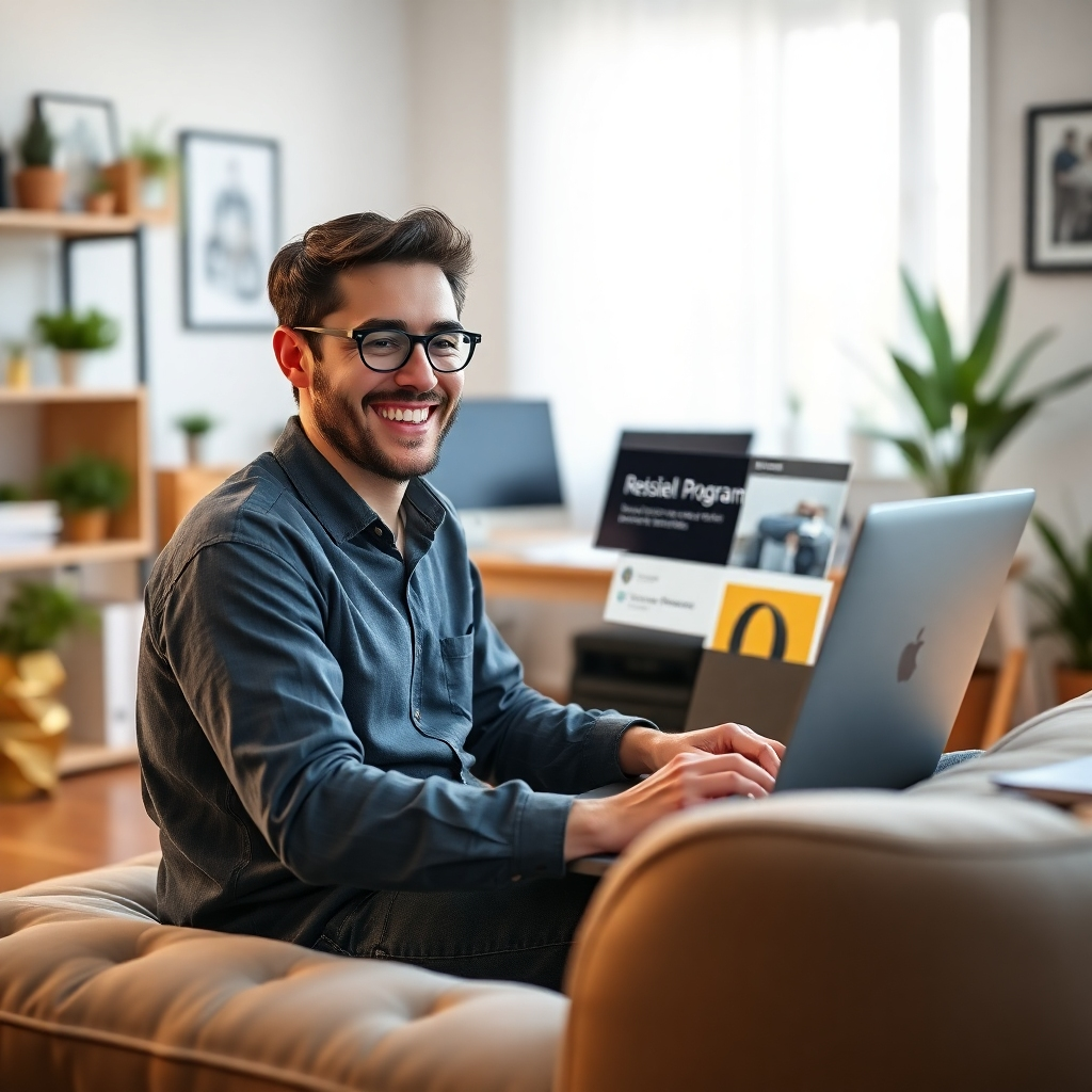 A photorealistic image of a person working on a laptop from a home office, looking relaxed and happy. The laptop screen displays a website related to the reseller program.  There should be a comfortable and organized workspace visible in the background. The overall tone should feel relaxed and successful.