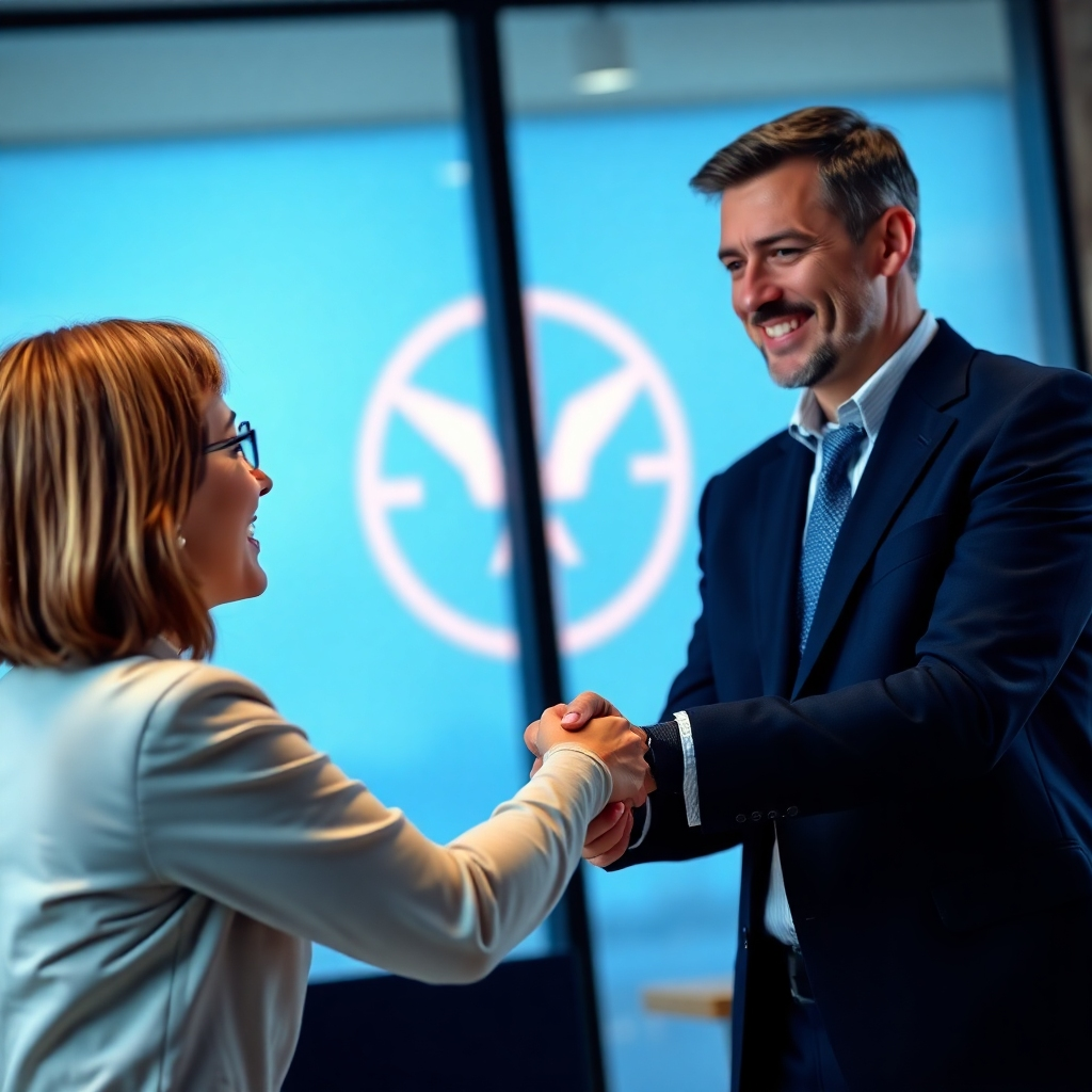 A photorealistic image of a professional, friendly insurance agent shaking hands with a client, with a trustworthy and reputable insurance company logo subtly visible in the background. The image should convey a sense of trust, reliability, and excellent customer service.