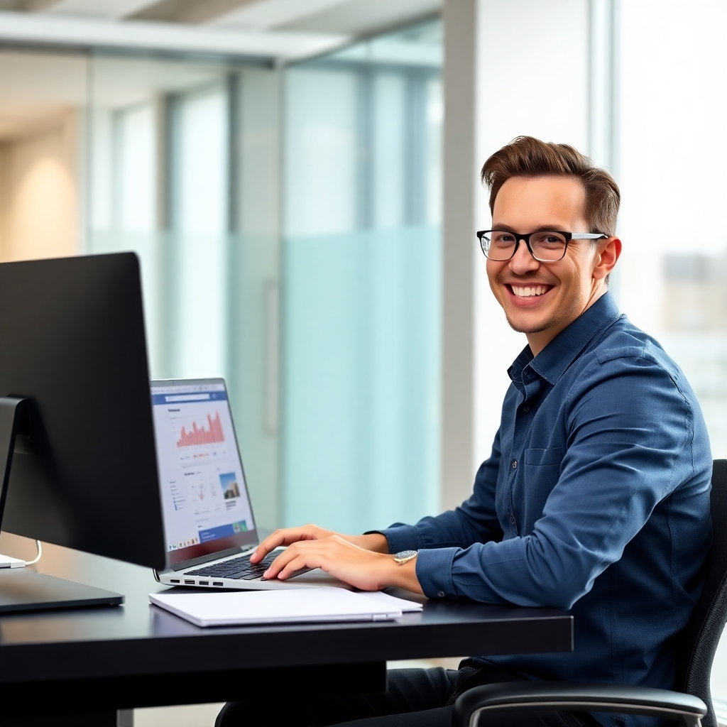 A photorealistic image of a professional-looking person sitting at a modern desk, smiling confidently while looking at a laptop screen displaying a Facebook page management dashboard.  The background should be a clean, bright office space. The overall mood should be one of efficiency and competence.  High-resolution, detailed image.