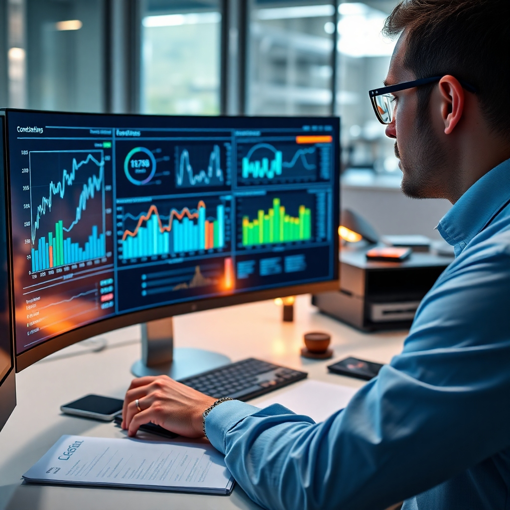 A photorealistic image of a professional accountant using a large touch screen monitor displaying complex financial data visualizations and charts.  The accountant appears focused and analytical, surrounded by a modern and tech-savvy workspace. The image should showcase the sophisticated tools and advanced technology used for data analysis. High-resolution, detailed image, 8k resolution