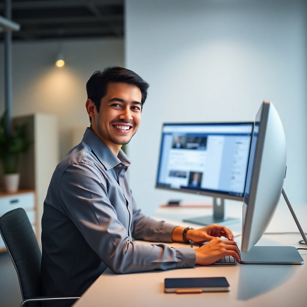 A photorealistic image of a professional-looking person sitting at a modern desk, focused on a computer screen displaying a Facebook page admin panel.  The background should be a clean, minimalist office.  The person should have a positive and helpful expression, emphasizing efficiency and professionalism. High-resolution, detailed, and well-lit.