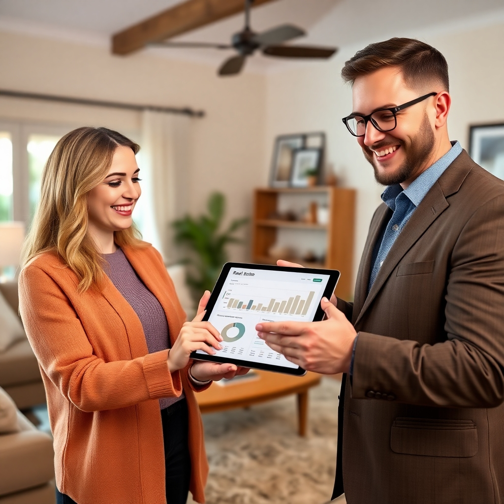 A photorealistic image of a real estate agent using a tablet to show a property valuation report to a smiling homeowner.  The background should be the homeowner's living room, showcasing a nicely furnished and clean environment. The tablet should clearly display charts and graphs representing the property valuation.