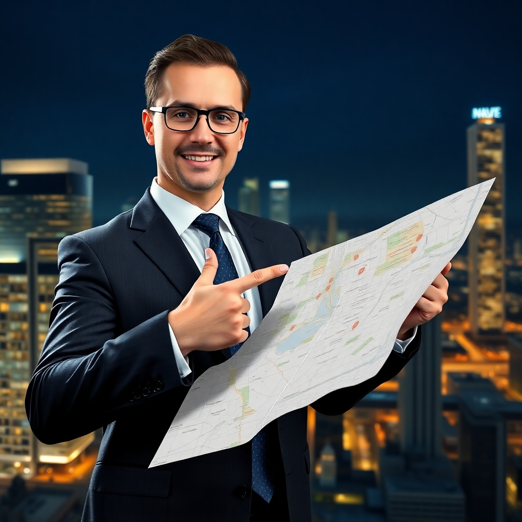 A photorealistic image of a real estate agent in a sharp suit, confidently pointing at a detailed map of a city, highlighting prime real estate locations. The background should subtly show modern skyscrapers and thriving city life.  The overall mood should convey expertise and professionalism.
