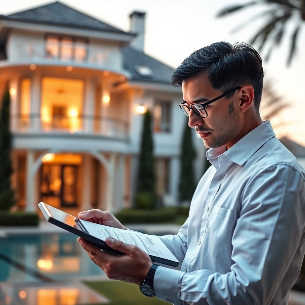 A photorealistic image of a real estate appraiser carefully examining property documents and using a sophisticated digital tablet to analyze market data and comparable sales. The background should subtly show a luxurious house or condominium. The image should emphasize precision, professionalism, and technological expertise.