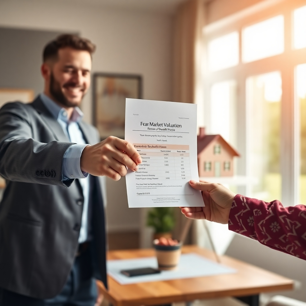 A photorealistic image of a real estate agent handing a client a document with a fair market valuation of a beautiful house. The image should highlight trust, transparency, and satisfaction. It should be set in a bright, welcoming environment, emphasizing professionalism and customer care. The image needs to be high-resolution and detailed, with realistic lighting and shadows.