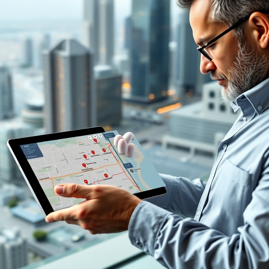 A photorealistic image of a real estate agent using a tablet to analyze a map of a city, highlighting potential condo investment locations near transportation hubs and amenities. Show data points, graphs, and statistics overlaid on the map. The agent should look confident and professional.
