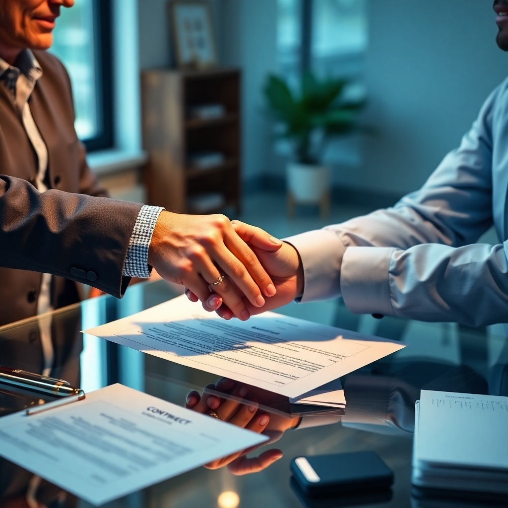 A photorealistic image of a real estate agent and a homeowner shaking hands on a contract, with the contract clearly visible and showing details like property address, price, and commission.  The setting should be a professional office environment, conveying trust and security.