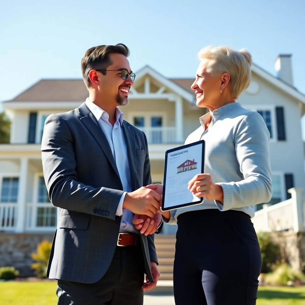 A photorealistic image of a real estate agent and a homeowner shaking hands in front of a beautiful house.  The agent is holding a tablet showing a house valuation report. The scene should be bright, sunny, and convey a sense of trust and success. The style should be clean, modern, and professional.