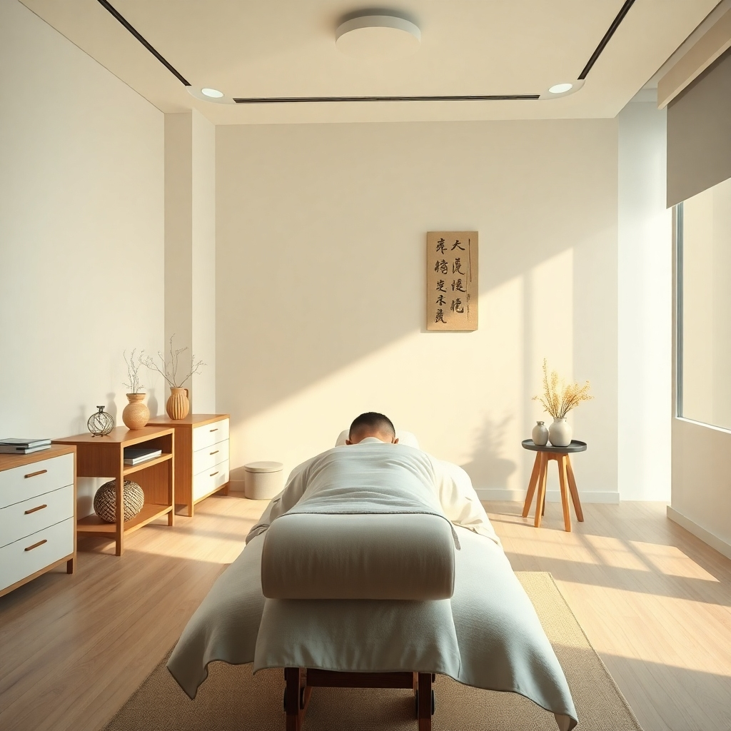 A photorealistic image of a serene treatment room in a modern clinic, featuring a patient receiving acupuncture from a skilled practitioner.  Include calming earth tones, natural light, and visible traditional Chinese medicine tools such as needles and herbs. The overall mood should be peaceful and healing.