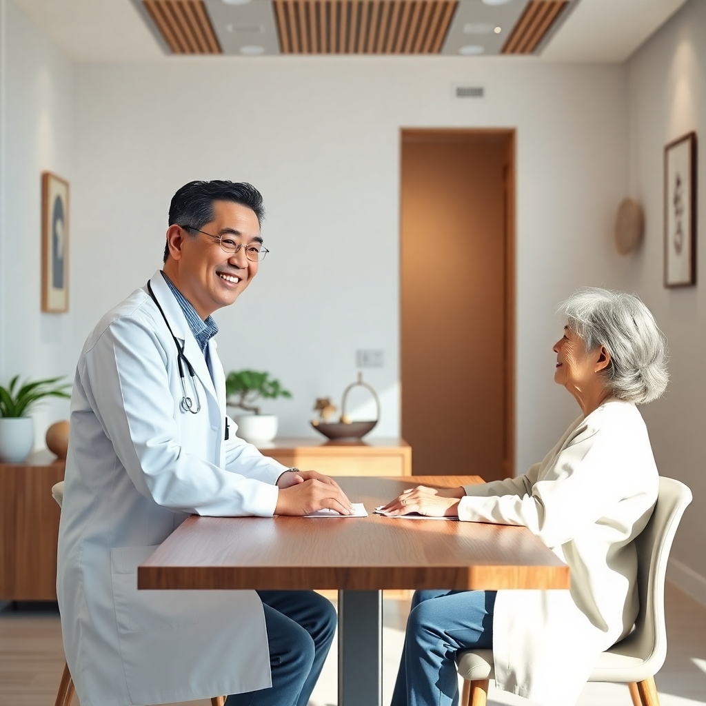 A photorealistic image of a serene, modern clinic interior.  A kind-looking, middle-aged Asian doctor in a white coat is smiling warmly at a patient, who is sitting opposite them at a clean, wooden table.  Subtle Asian-inspired decor is visible, perhaps a bonsai tree or calligraphy. The lighting should be soft and natural. Focus on creating a calm and trustworthy atmosphere.