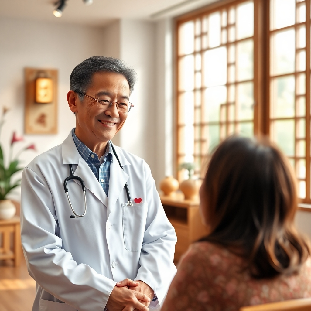 A photorealistic image of a serene, modern clinic interior.  A kind-faced, middle-aged TCM practitioner in a white coat smiles warmly at a patient, attentively listening.  Subtle Asian-inspired decor is visible, with natural light streaming through large windows.  Focus on the interaction between practitioner and patient, conveying trust and care.
