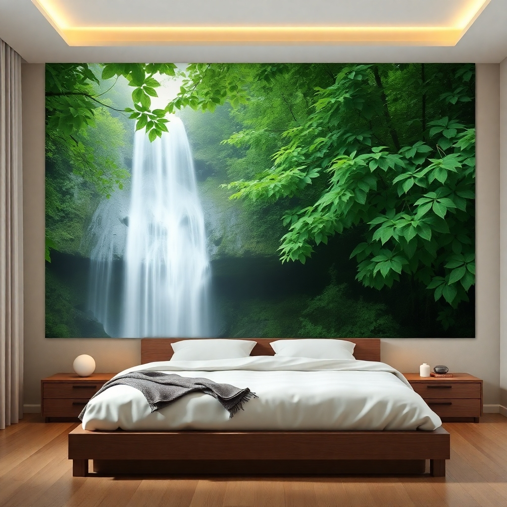 A photorealistic image of a serene bedroom with an acrylic print of a lush green forest or cascading waterfall on the wall. The overall tone should be peaceful and calming, with soft, muted colors and natural lighting. The image should be high-resolution, with visible detail in the leaves and water. The bedroom should be styled in a minimalist fashion to emphasize the tranquility.