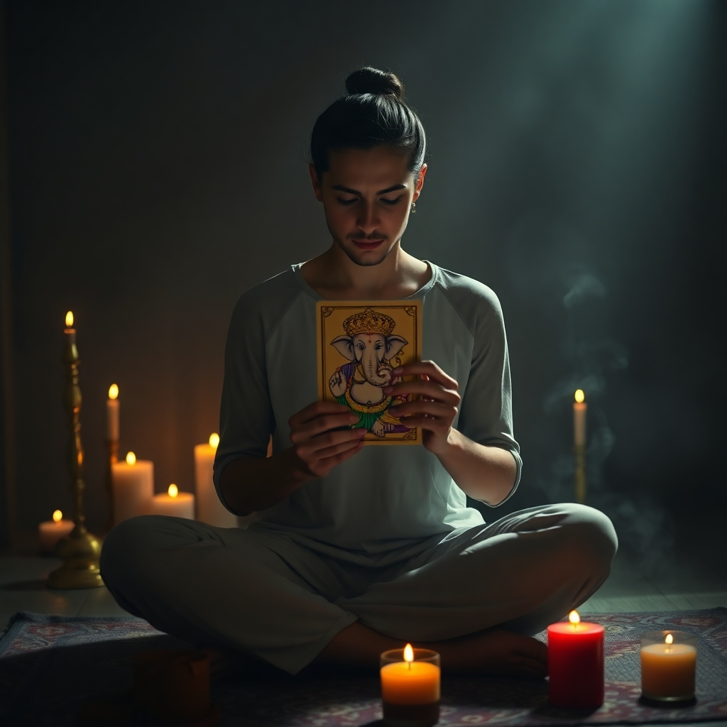 A photorealistic image of a serene-looking person sitting cross-legged in a quiet, dimly lit room, surrounded by candles and incense. They are holding a Lord Ganesha oracle card and gazing intently at it, with a look of concentration and understanding on their face. The background features soft shadows and warm light, enhancing the mysterious and mystical ambiance. The overall mood evokes calm focus, intuition, and connection to a higher power.