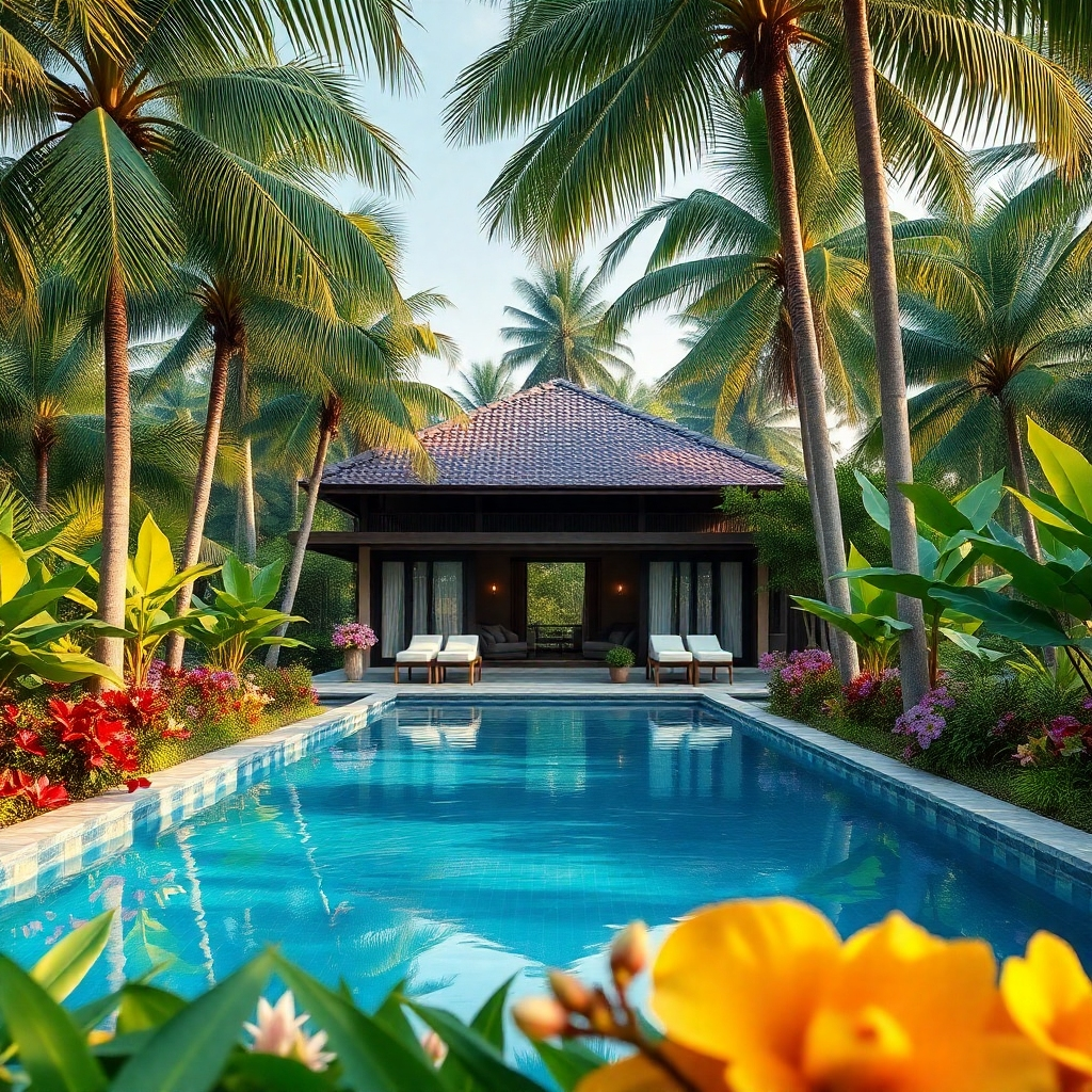 A photorealistic image of a secluded pool villa nestled amidst lush tropical greenery in Pattaya, Thailand. The villa should be surrounded by tall palm trees and vibrant flowers. The pool should be crystal clear, and the overall ambiance should be serene and peaceful. The lighting should be soft and natural, creating a calming atmosphere. High resolution, 8k quality, detailed textures, shallow depth of field
