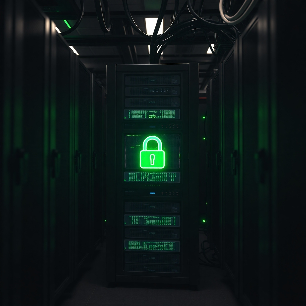 A photorealistic image of a server room with multiple servers,  one of them highlighted with a green glowing light, indicating an automatic backup process is ongoing.  The background should be dark and subtly show network cables and blinking lights. The overall mood is technological and secure.