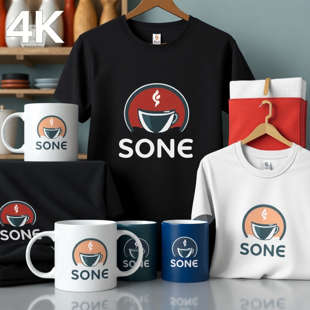 A photorealistic image of a selection of merchandise featuring the Tea Sone logo, including mugs, t-shirts, and other items, displayed attractively. High-quality 4K resolution.