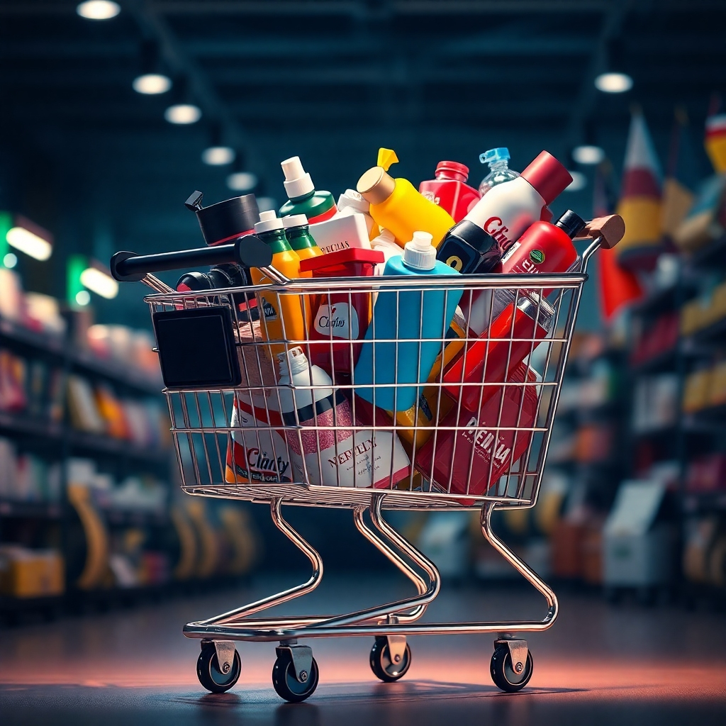 A photorealistic image of a shopping cart overflowing with products featured in a successful Reel. The background should subtly include elements from the reel itself, showcasing a clear link between the content and increased sales. The overall scene conveys a sense of abundance and success. High resolution, studio lighting